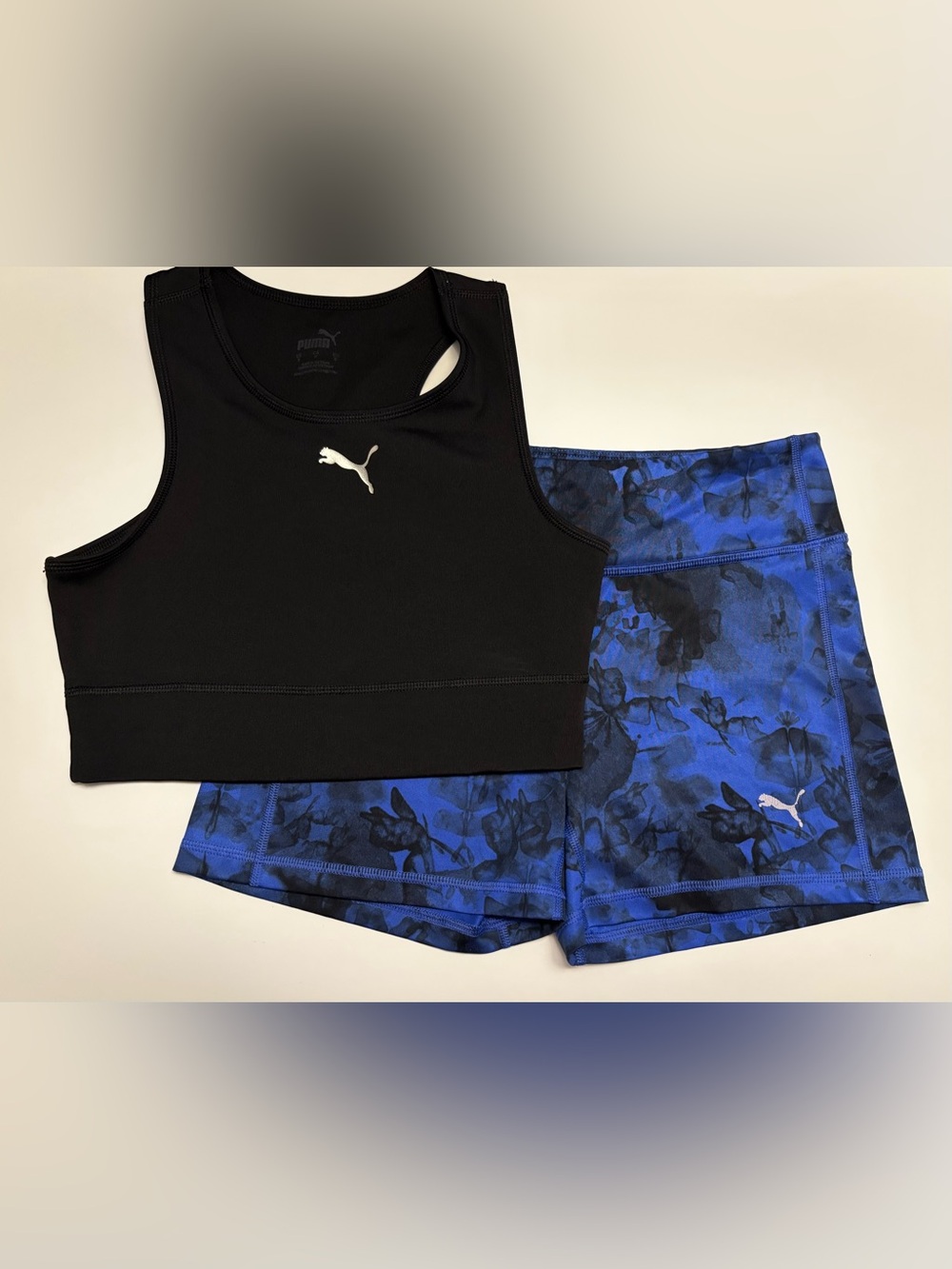 Puma Women's Black Crop Tank with Blue Floral Athletic Shorts